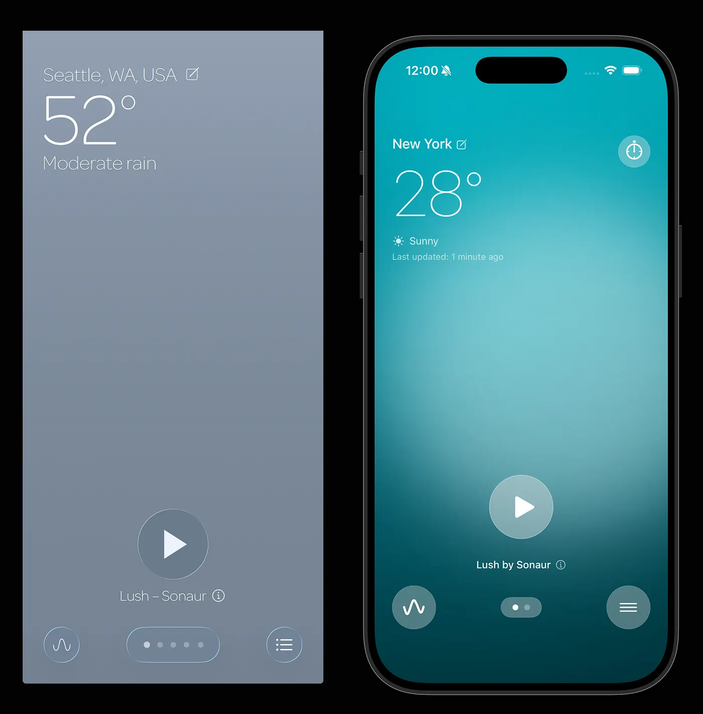 Sonaur iOS design evolution — early concept inspired by iOS Weather app to final polished interface