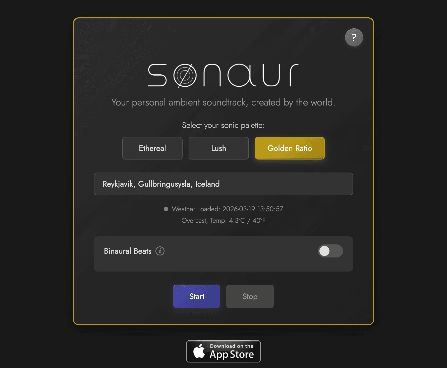 Sonaur web app before redesign — form-based configuration screen